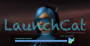 LaunchCat logo: a female hero with dark black and blue hair, dark cat ears, and mirrored shades, with "LaunchCat" over the front. A progress bar and play button at the bottom with a green check overlay on the button.